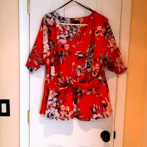 City Chic red blouse with beige flowers, sz 18